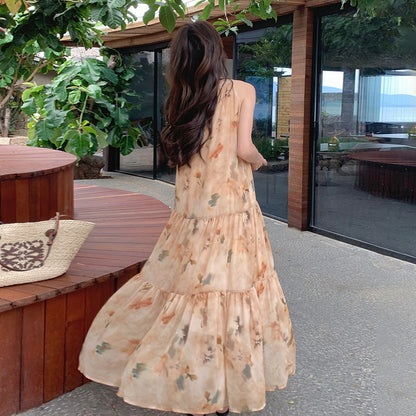 【ワンピース】イエロー 小花柄 ノースリーブ ホルターネック レディース 夏 フェアリー風 バカンス ワンピース【SHシリーズ】