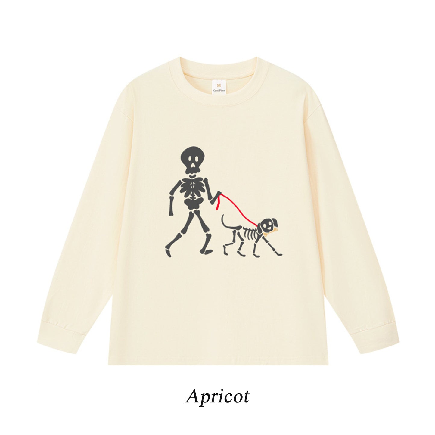 6カラー | S~3XL【トップス】スカル犬 散歩プリント Tシャツ 長袖 ユニセックス ペットオーナー向け カジュアル【FCシリーズ】