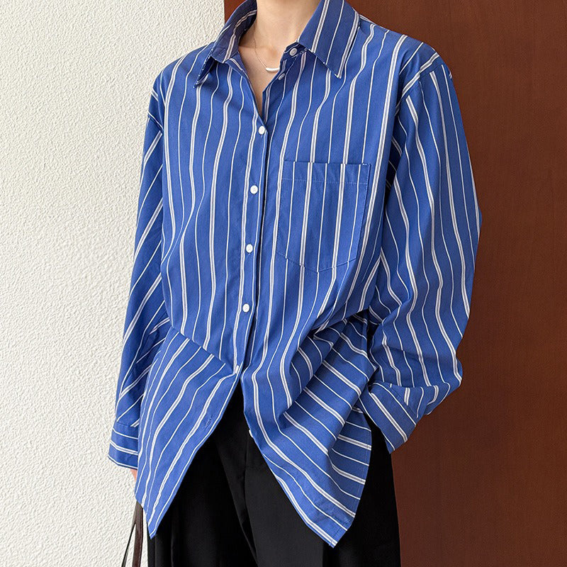 【トップス】秋先取り 韓国風ナチュラル ブルーストライプ ゆったりシャツ【JZシリーズ】