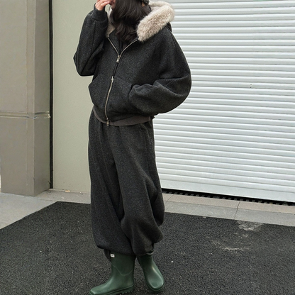 【セットアップ】【単品注文】ファー襟 スウェットアウター + カーブ ワイドパンツ 2点上下セット 【JZシリーズ】