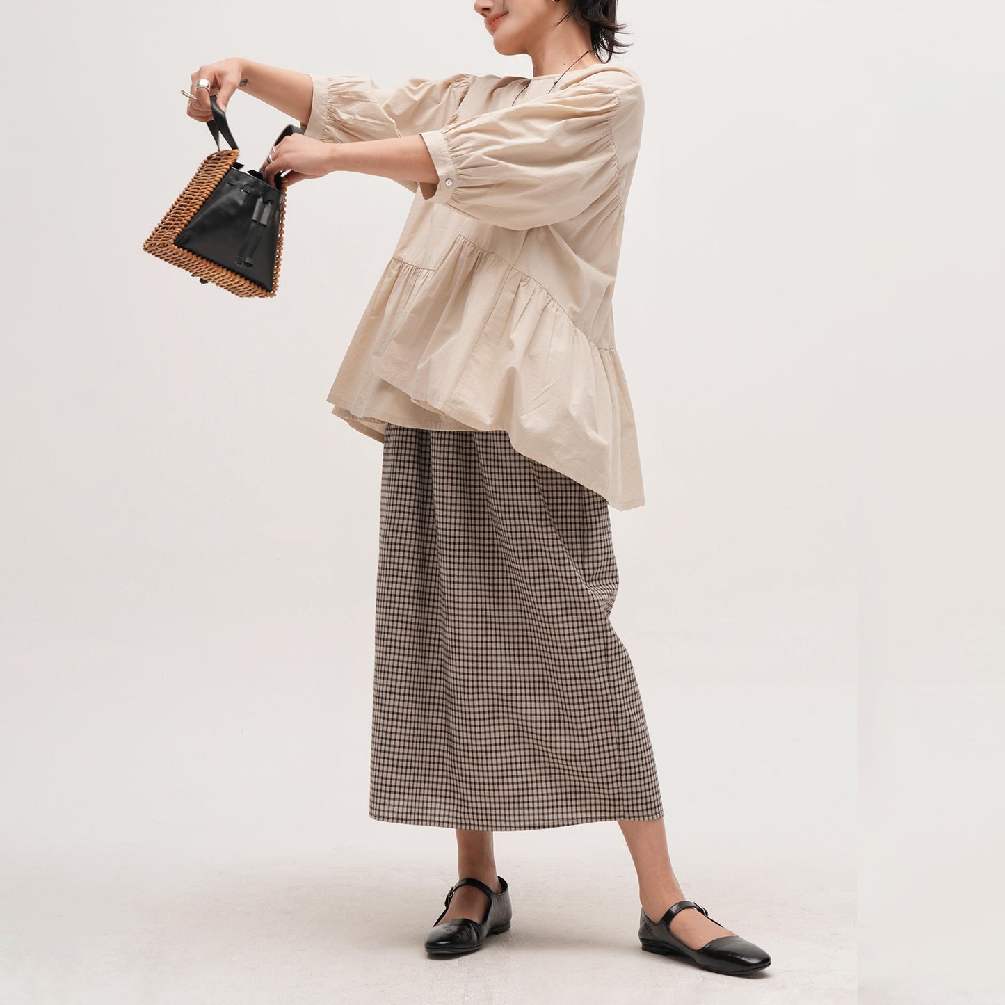 【ボトムス】ゆったり 体型カバー 大きいサイズ ミディアム丈 ロングスカート チェック柄 バルーン ストレート スカート【SHシリーズ】【JZシリーズ】