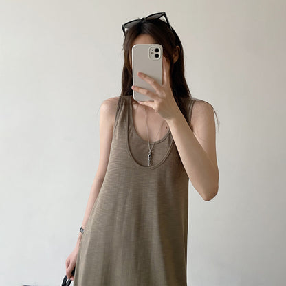 【ワンピース】夏新作 レイヤードデザイン ノースリーブ ワンピース 大きめクルーネック リゾート 旅行 ロングドレス【FCシリーズ】