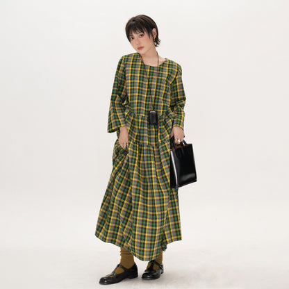 【ワンピース】レトロ チェック ワンピース レディース ゆったり 体型カバー 大きいサイズ ミディアム丈 長袖 デザイン感 ワンピース【SHシリーズ】