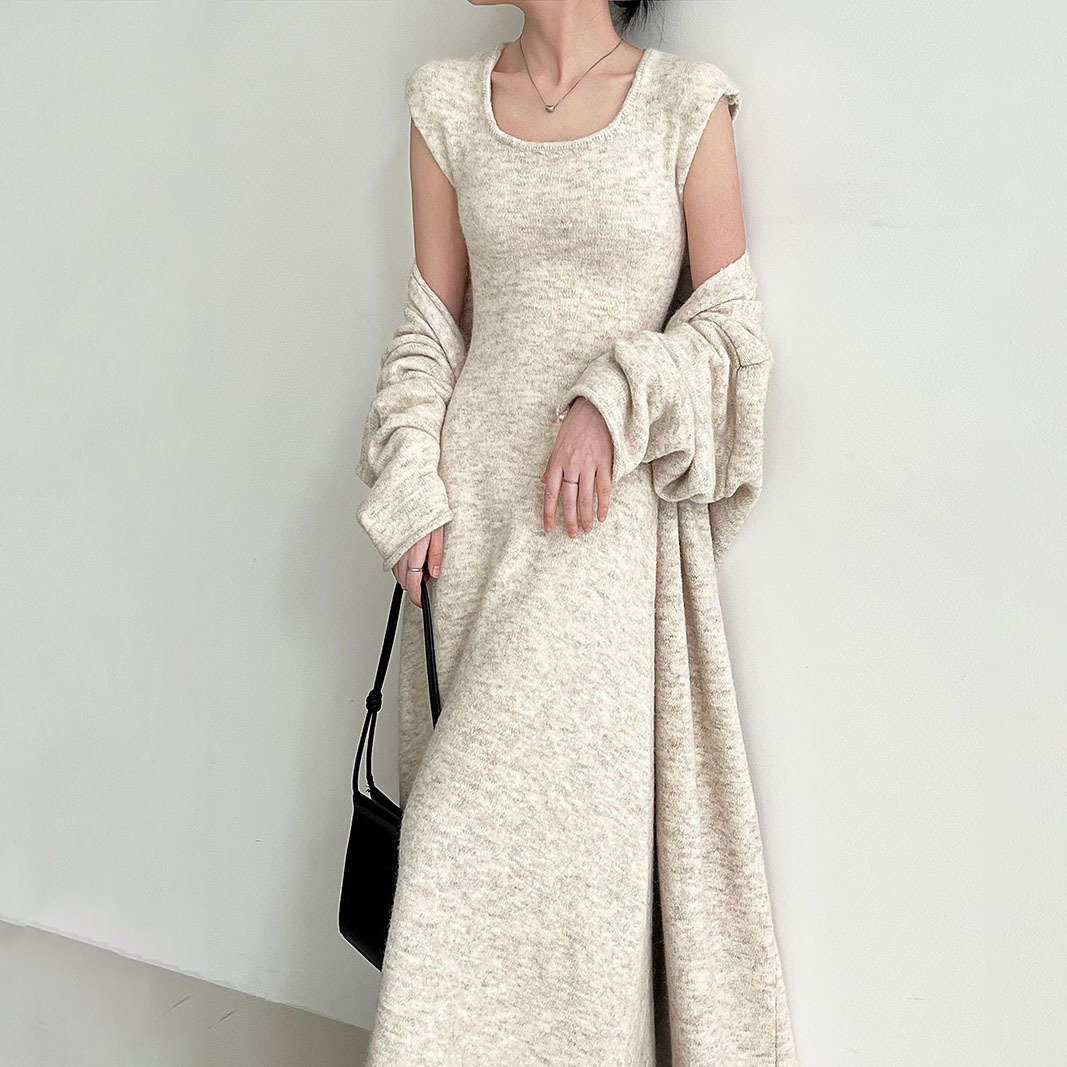 【セットアップ】ふんわりウールワンピース＋ニットカーディガン レディース 秋冬新作 厚手ロング丈セットアップ【JZシリーズ】