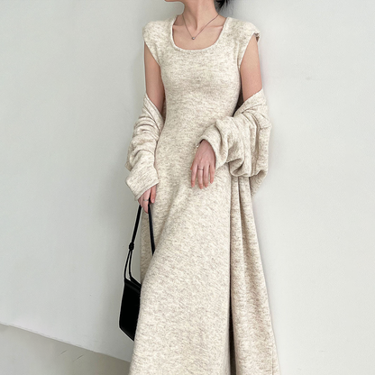 【セットアップ】ふんわりウールワンピース＋ニットカーディガン レディース 秋冬新作 厚手ロング丈セットアップ【JZシリーズ】