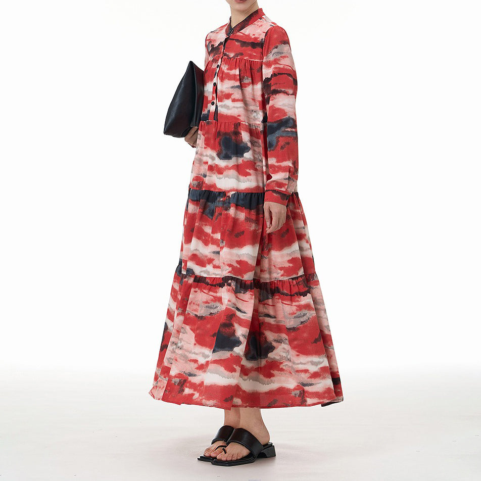 【ワンピース】ヴィンテージ風 ティアードワンピース 春夏新作 大きいサイズ レディース ルーズシルエット 長袖 着痩せ効果 バカンス・お出かけ向け ロングワンピース【SHシリーズ】