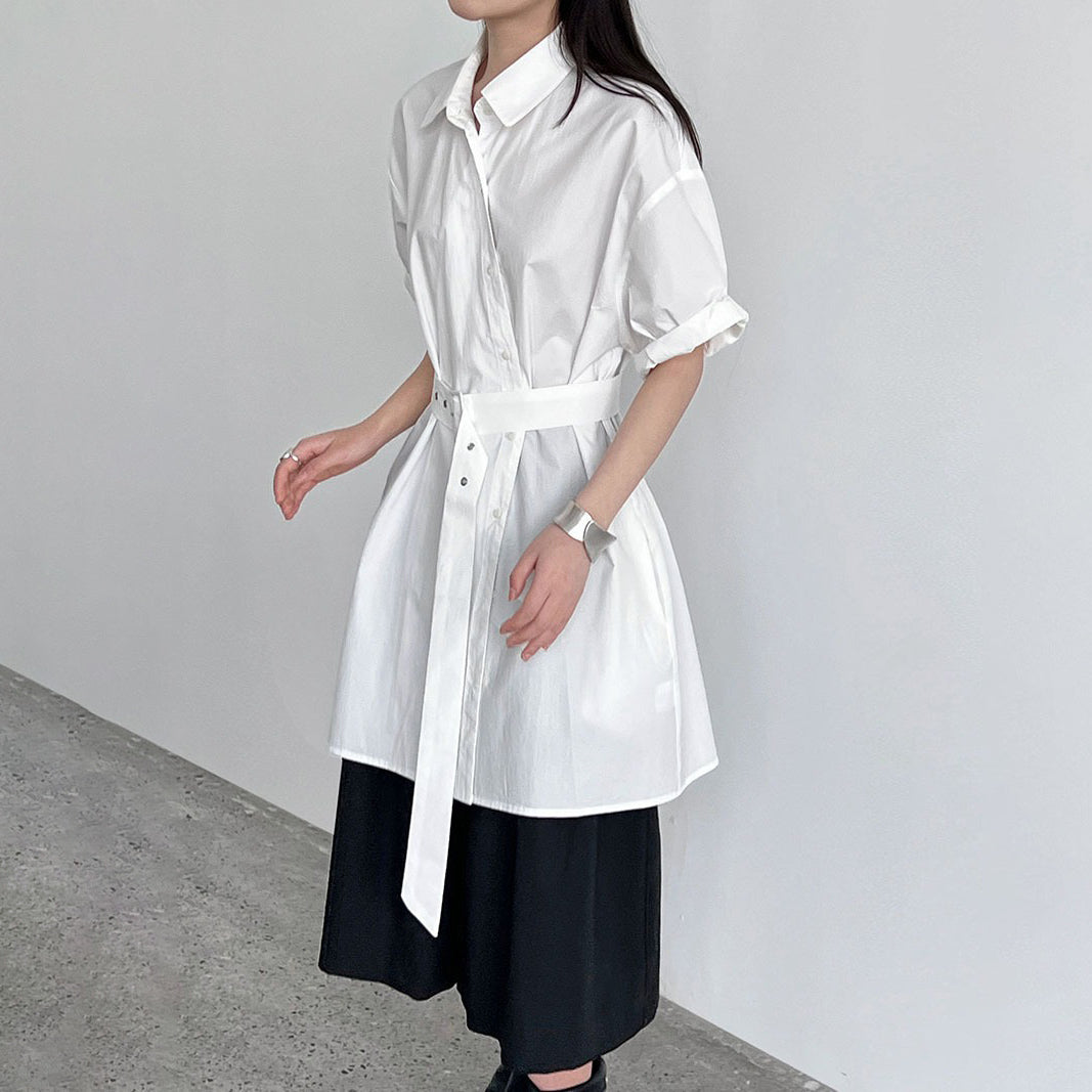 【トップス】韓国風 デザイン性 ウエストベルト付き シャツ レディース 夏新作 ウエストマーク 半袖 トップス【SNシリーズ】