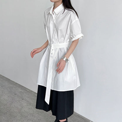 【トップス】韓国風 デザイン性 ウエストベルト付き シャツ レディース 夏新作 ウエストマーク 半袖 トップス【SNシリーズ】