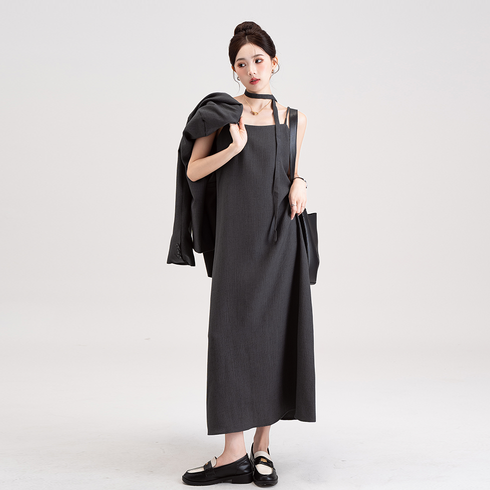 【セットアップ】韓国風 大人女子感 ジャケット＋キャミワンピース セット レディース ウエストベルト付き【シリーズ】