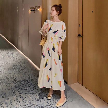 【ワンピース】花柄 長袖ワンピース フレンチ風 ミディ丈 レトロで優しい雰囲気のAラインドレス【SHシリーズ】