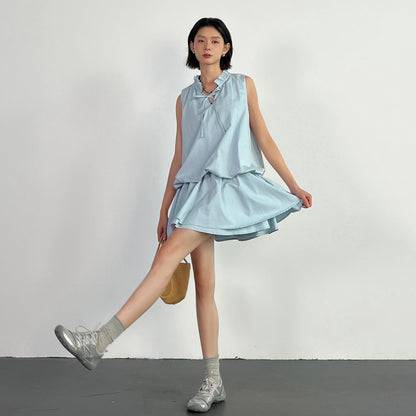 【ワンピース】リゾート風 ブルーワンピース レディース 夏 ノースリーブ フリル ドッキングデザイン バルーンシルエット【FCシリーズ】