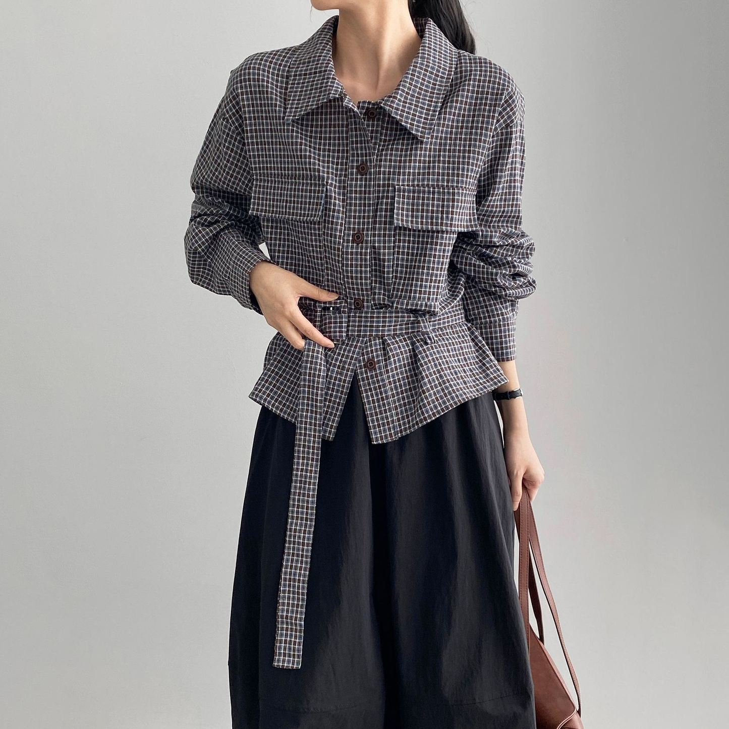 【トップス】韓国風 シンプルギンガムシャツ レディース ベルト付き デザインシャツ 襟付き ウエストマーク 美シルエット 着回しトップス【JZシリーズ】