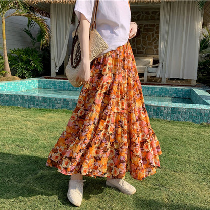 【ボトムス】花柄シフォンティアードスカート 夏 ハイウエスト Aライン  体型カバー リゾート・旅行におすすめ【SHシリーズ】