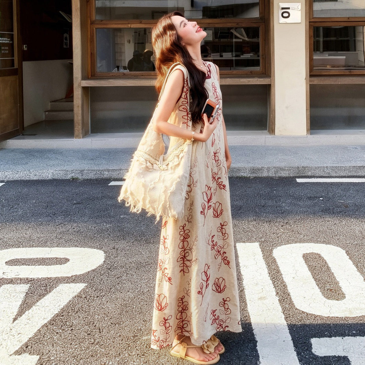 【ワンピース】刺繍 ワンピース 夏 ノースリーブ ロング 花柄プリント フレンチ風 リゾート 上品 体型カバー 人気【SHシリーズ】