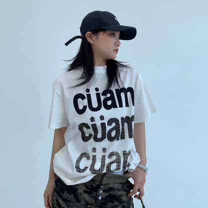 【トップス】カジュアル ロゴプリント クロップドショルダー 半袖Tシャツ【FCシリーズ】