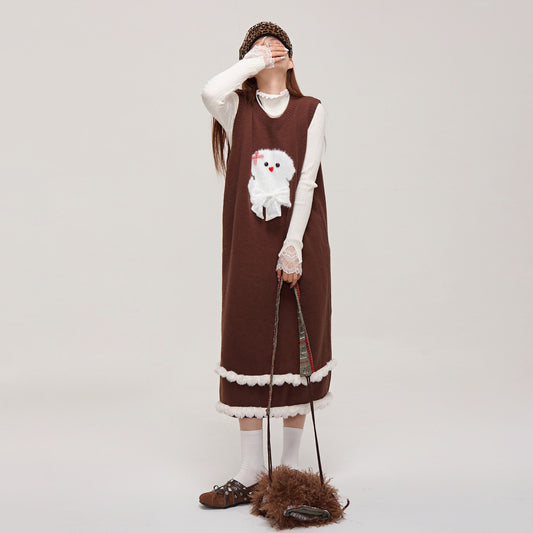 【ワンピース】甘さ控えめ可愛い♡ 秋冬 ノースリーブ 毛フリンジ切替 ベストワンピース【JZシリーズ】