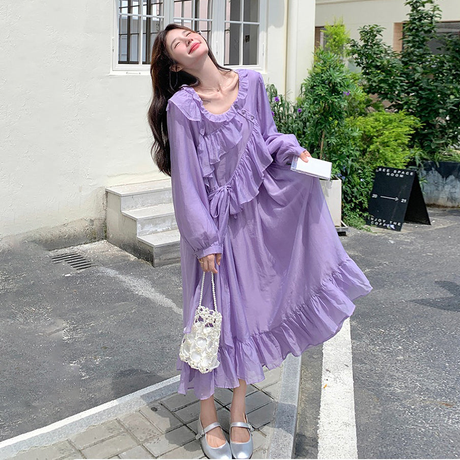 【ワンピース】パープル 超可愛い フリル 長袖ワンピース レディース 秋新作 デザイン感 優しい風 若見え ロングワンピ【JZシリーズ】