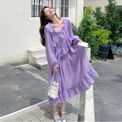 【ワンピース】パープル 超可愛い フリル 長袖ワンピース レディース 秋新作 デザイン感 優しい風 若見え ロングワンピ【JZシリーズ】