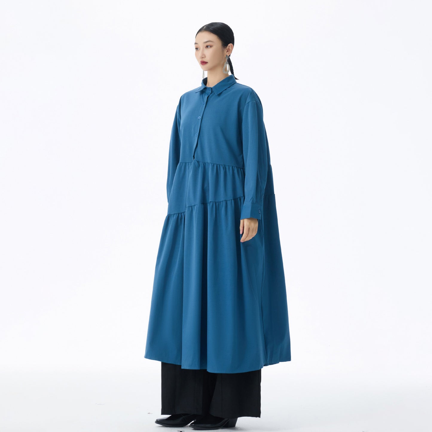 【ワンピース】フレンチ風 切替プリーツ  POLO襟 長袖ワンピース ゆるシルエット ロング【JZシリーズ】