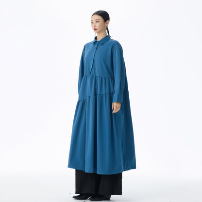 【ワンピース】フレンチ風 切替プリーツ  POLO襟 長袖ワンピース ゆるシルエット ロング【JZシリーズ】