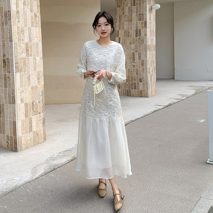 【ワンピース】フレンチ風フェミニンレースワンピース レディース 気品ある軽奢感 花柄長袖ミディドレス【JZシリーズ】