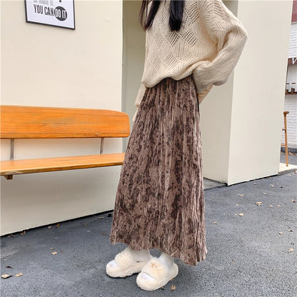 【ボトムス】プリーツ ゆったり ヒップカバー Aラインロングスカート 水墨画柄 ベルベットスカート【SHシリーズ】