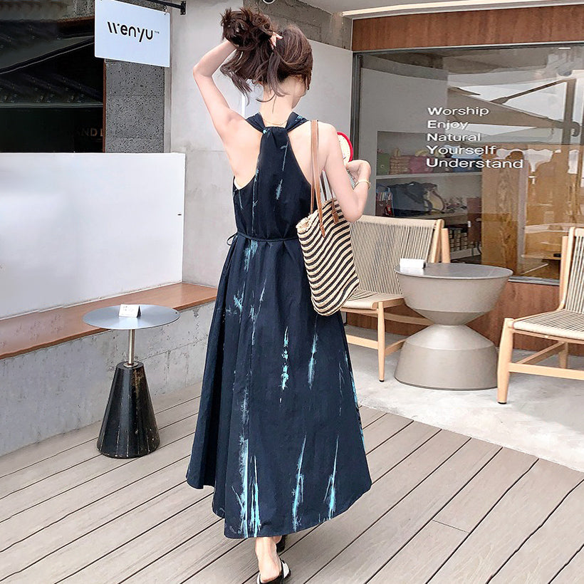 【ワンピース】夏新作 ブルータイダイ柄 ホルターネック ノースリーブワンピース エレガントリゾート風ロングドレス【SHシリーズ】