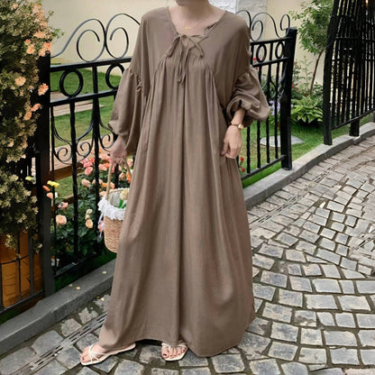 【ワンピース】全10色 韓国風 ゆったりバルーンスリーブ 大きいサイズ  長袖ワンピース