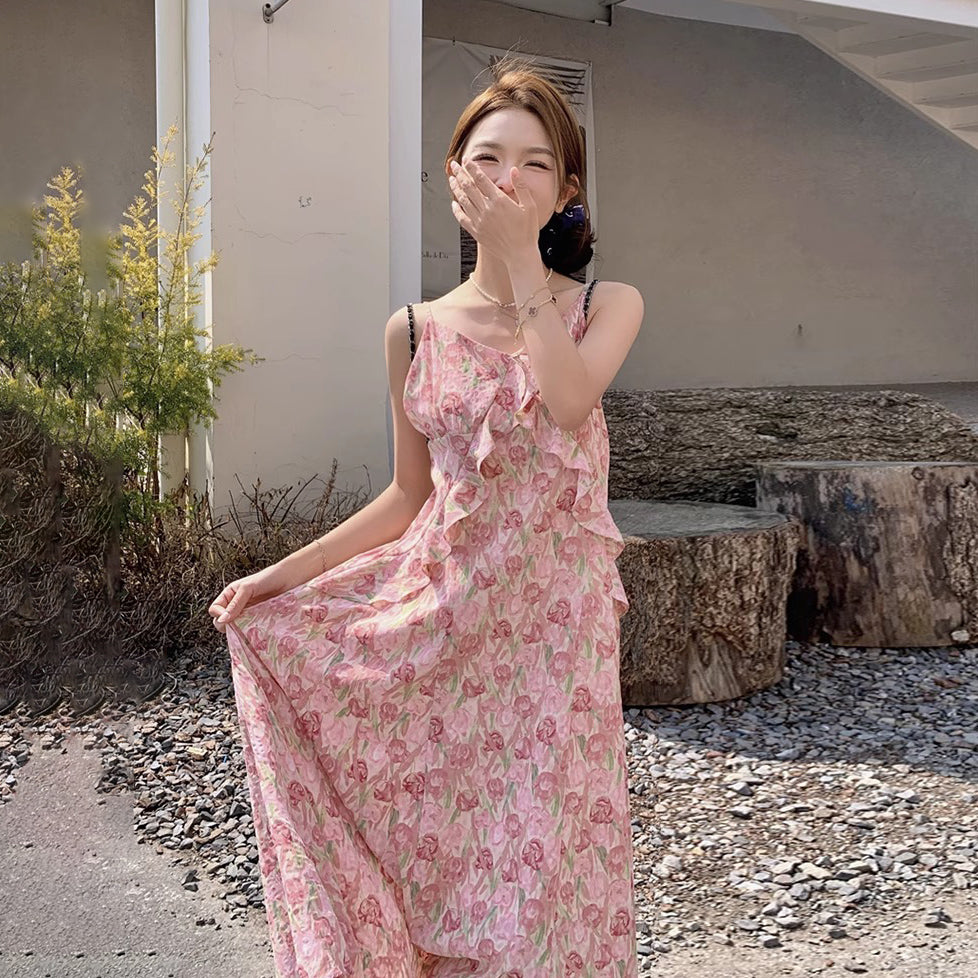 【ワンピース】夏 ゆったりデザイン シェイプアップ フリル フラワーキャミソールワンピース【SHシリーズ】