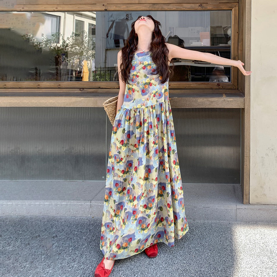 【ワンピース】夏 バカンス風 ロマンティック ドーパミン フラワープリント ノースリーブワンピース【SHシリーズ】