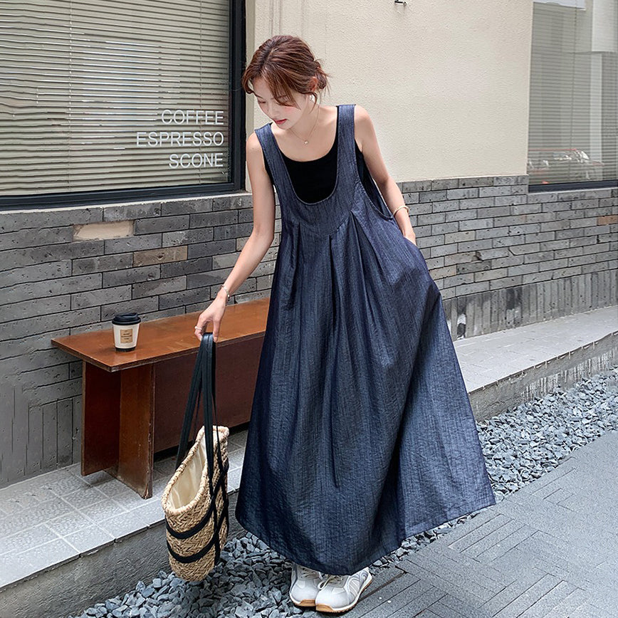 2点セット！【セットアップ】重ね着でおしゃれ ノースリーブ デニムサロペットワンピースセット レディース 夏 学院風 若見え スリム見え 体型カバー【JZシリーズ】