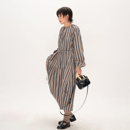 【ワンピース】ストライプ ワンピース 秋 オリジナル 日本風 ゆったり ミディアム丈 長袖 ロングワンピース【SHシリーズ】【JZシリーズ】【15-25日発送】