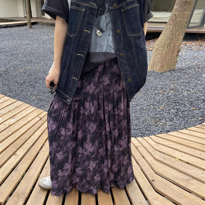 【ボトムス】花柄 ハイウエスト ゴム入り Aラインロングスカート レディース ゆったり 体型カバー  細見え シフォン 春夏秋コーデ万能【SHシリーズ】