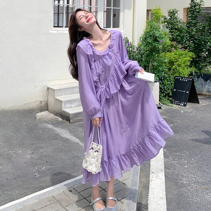 【ワンピース】フレンチ風パープルワンピース レディース 長袖 ロング丈 春夏秋 柔らかい雰囲気【JZシリーズ】