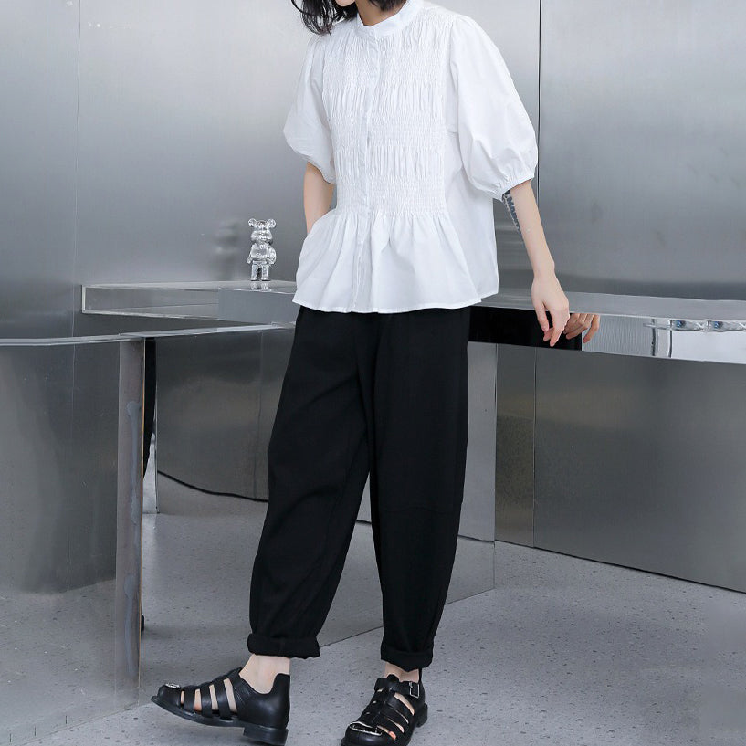 【トップス】レトロ風 シワ加工ブラウス レディース 夏 パフスリーブ 半袖 薄手 羽織り 【AHシリーズ】