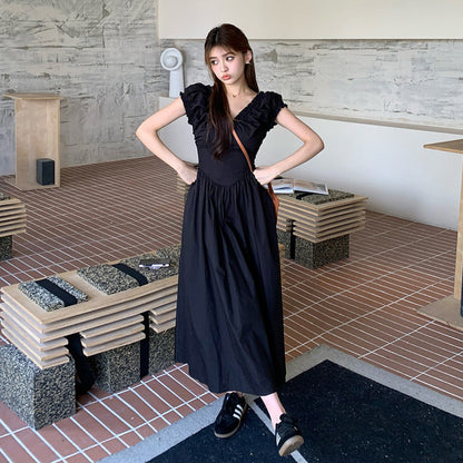 【ワンピース】バックデザイン Vネック 半袖ワンピース 夏新作 ウエストマーク フレンチ風 パフスリーブ モノトーン ロング丈【JZシリーズ】