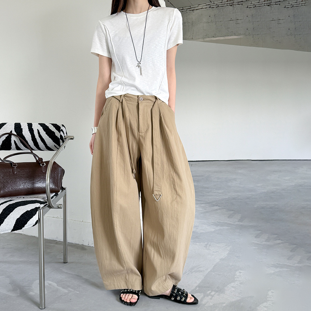 【ボトムス】タック入り ハイウエスト ワイドスラックス レディース 春新作 薄手 ゆったり 体型カバー カジュアル【JZシリーズ】