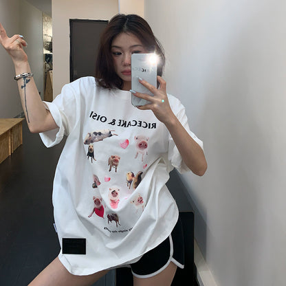 【トップス】Tシャツ レディース コットン100% カートゥーン アブストラクトプリント オーバーサイズ ヴィンテージ風 半袖【FCシリーズ】