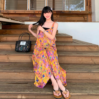 【ボトムス】アート油彩柄 サロペット レディース オールインワン 夏 Vネック ワイドパンツ ゆったり 体型カバー 涼しげ 着痩せ 上品 モード カジュアル【SHシリーズ】