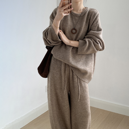 2点セット！【セットアップ】ふんわりニット 上下セット レディース 秋冬 ゆったり プルオーバー＋ニットパンツ 韓国風 カジュアル【JZシリーズ】