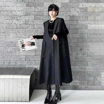 【ワンピース】暗黒系 大きめポケット デニムキャミワンピース レディース ゆったり体型カバー ロング丈 ノースリーブワンピース【AHシリーズ】