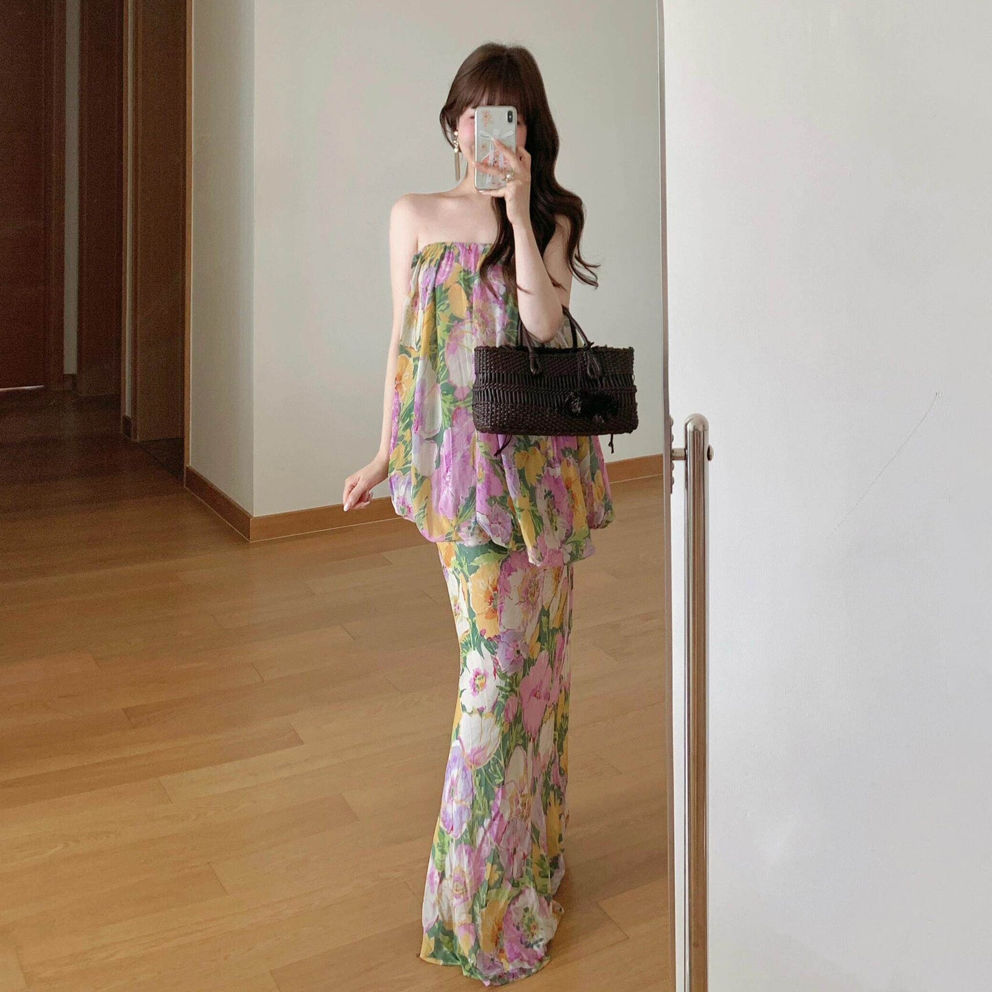 【ワンピース】【撮影用・映えドレス】花柄 オフショルダー ワンピース｜レイヤード風 ベアトップ ロング丈 ノースリーブ｜海辺 リゾート ビーチ【SHシリーズ】