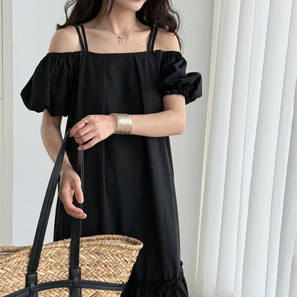 【ワンピース】韓国風スウィート 夏新作 オフショルダー パフスリーブ 半袖ワンピース【SNシリーズ】