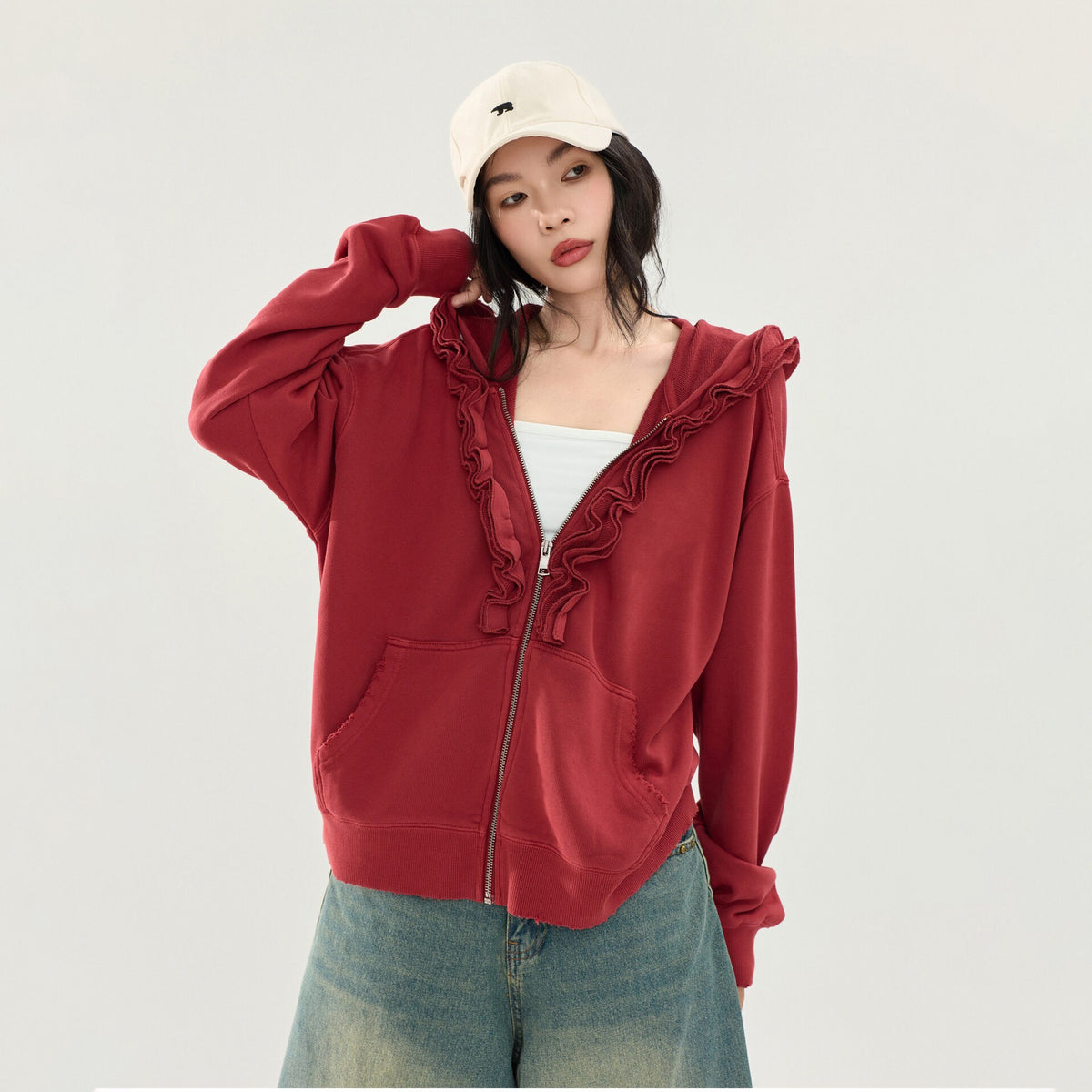 【アウター】メローフリルスウェットジャケット レディース 秋新作 レッド フード付き ジップアップ 薄手 ゆったり【FCシリーズ】