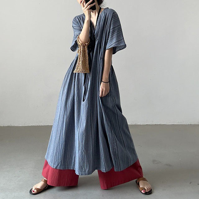 【ワンピース】【JZシリーズ】Vネック 半袖ワンピース｜レトロな雰囲気×楽ちんポケット付きロング丈・ゆったりシルエット