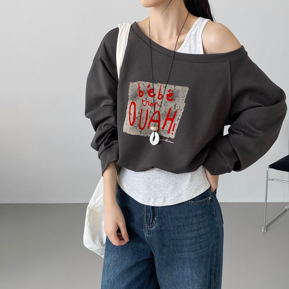 【トップス】韓国風 デザイン スウェット レディース ワンショルダー フェイクレイヤード プリント ゆったり カジュアル 着回し【JZシリーズ】