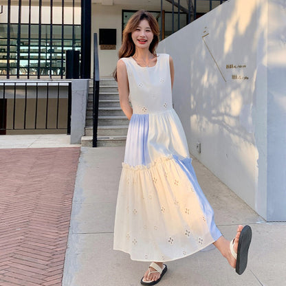 【ワンピース】配色 フリル ノースリーブワンピース レディース 夏 ロングワンピース ゆったり 体型カバー 人気 フレンチ風【SHシリーズ】