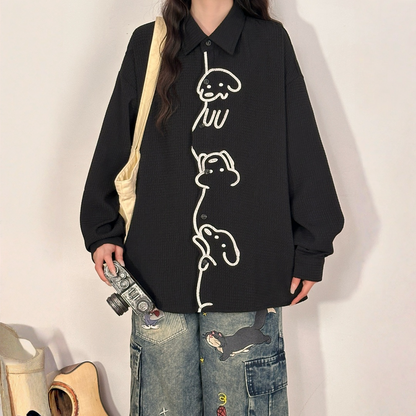 【🐶木登りわんちゃん】【トップス】 刺繍 ワッフル生地 男女兼用 長袖 シャツ 【FCシリーズ】