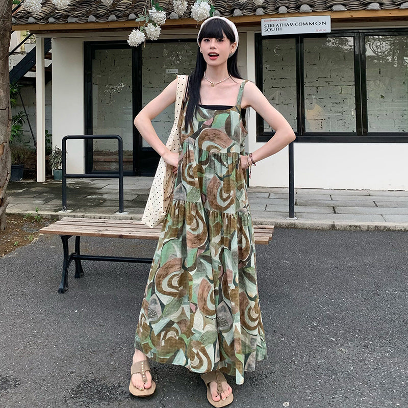 【ワンピース】キャミソールワンピース レディース 2026新作 夏 ハイウエスト フレア ロング丈 ノースリーブ リゾート 旅行 フォトジェニック ナチュラル【SHシリーズ】