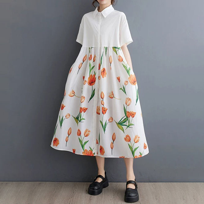 【ワンピース】柄切替ワンピース レディース 夏 半袖 Aライン ゆったり 大きいサイズ 体型カバー ロング丈【SHシリーズ】